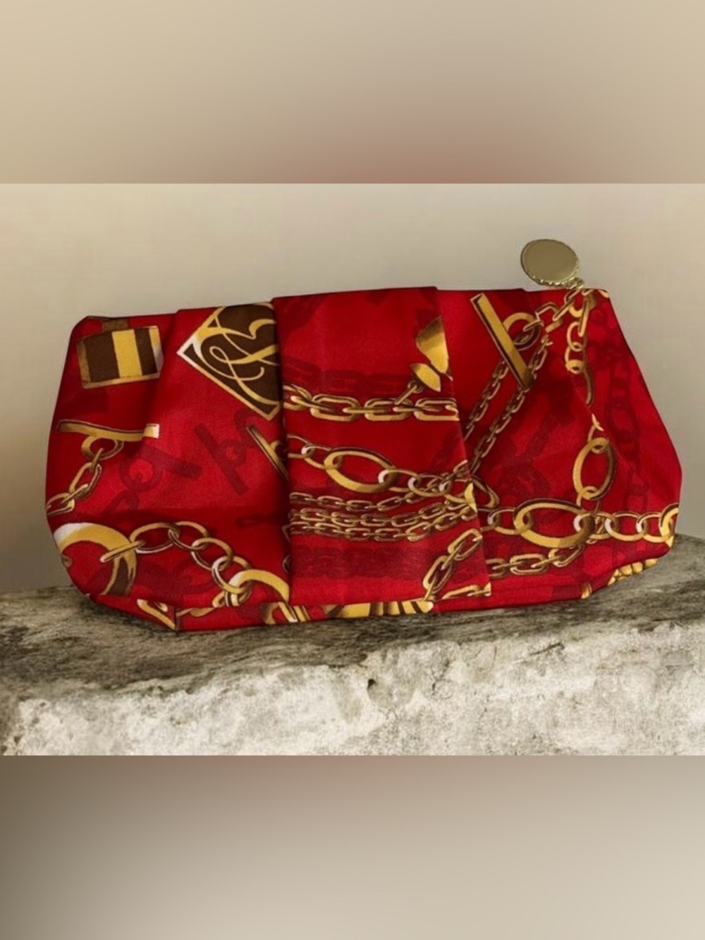 Estée Lauder Red & Gold Chain Print Cosmetic Bag / Clutch - NWOT